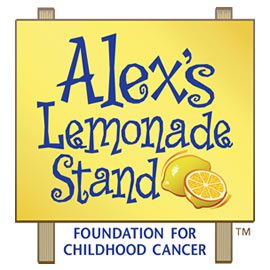 A yellow sign with the name alex 's lemonade stand written in blue.