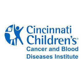 A blue and white logo for cincinnati children 's cancer and blood diseases institute.