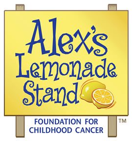 A yellow sign with the name alex 's lemonade stand written underneath it.