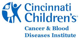 A blue and white logo for cincinnati children 's cancer & blood diseases institute.
