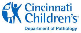 A blue and white logo for the cincinnati children 's department of pediatrics.