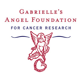 A red and white logo of the gabrielle 's angel foundation for cancer research.